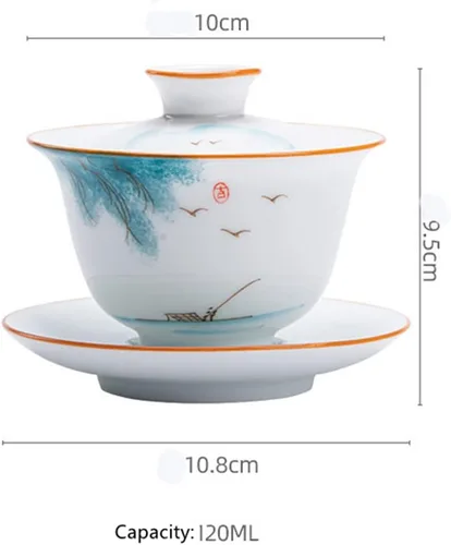 Vista 2 de Emoyi Juego de tazas de té River Pattern Porcelana Gaiwan Kungfu Tazón de té con tapa y platillo 4.1 fl oz