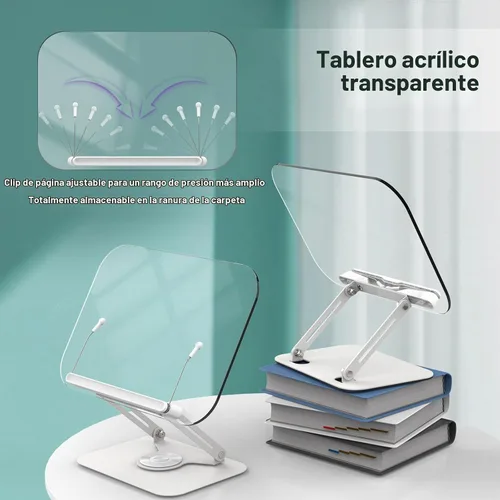 Vista 2 de BYMECOST Soporte de acrílico para lectura, soporte ajustable para libros con base giratoria de 360° y clips elásticos para páginas, soporte elevador
