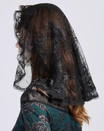 Vista 3 de Velo de Mantilla de encaje floral para la misa latina de la iglesia, Talla libre