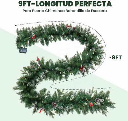 Vista 6 de ANOTHERME Guirnalda de Navidad artificial preiluminada de 9 pies, decoración de Navidad para interiores y exteriores, guirnalda con temporizador que