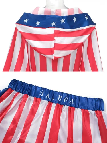 Vista 9 de Regenboog Disfraz de boxeo de bandera estadounidense para hombres y mujeres, disfraz de Balboa Rocky para adultos, cinturón de satén, guantes