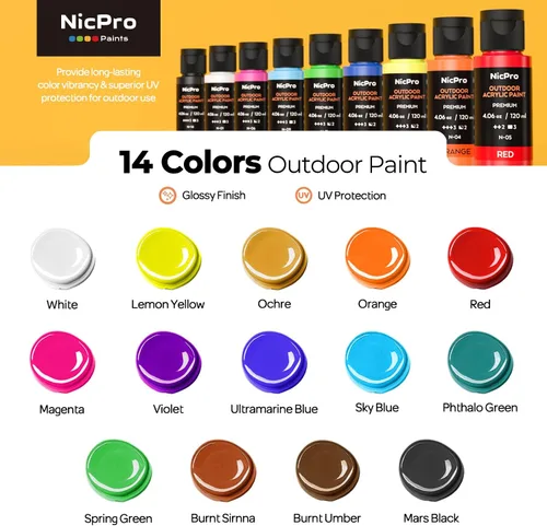 Vista 2 de Nicpro 14 colores pintura acrílica al aire libre a granel (120 ml, 4.06 oz) con pincel y esponja, cuchillo, pintura brillante no tóxica