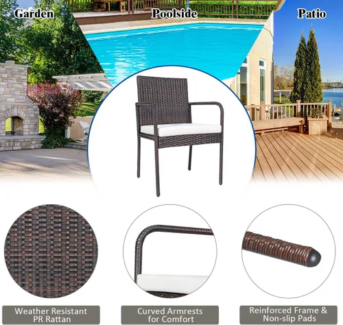 Vista 8 de Juego de 4 sillas de mimbre para patio al aire libre, con marco de acero resistente y cojines suaves, juego de comedor al aire libre resistente a