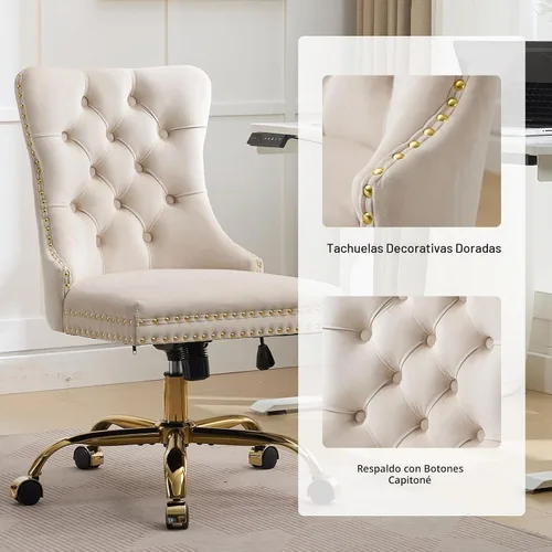 Vista 7 de Silla de escritorio de terciopelo beige para oficina en casa con ruedas y base dorada, linda silla de tocador con respaldo acolchado para mujeres