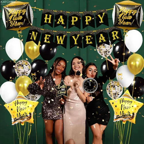 Vista 8 de Feliz Año Nuevo 2026/5 Juego de globos dorados con estrella