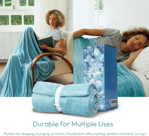 Vista 6 de NANPIPER Manta refrescante tamaño Queen para personas que duermen con calor, manta de cama de verano ligera y fría de doble cara, color azul aire