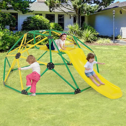 Vista 2 de Olakids Cúpula de escalada con tobogán, para niños al aire libre, gimnasio, cúpula geométrica, marco de acero, estructura de escalada de 8 pies