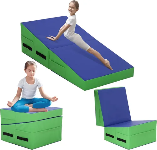 Vista 8 de Colchoneta de gimnasia de 48 x 24 pulgadas, plegable, inclinada, con superficie de PVC antideslizante y asas para niños, entrenamiento en casa