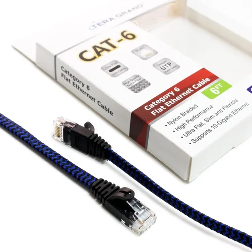 Vista 4 de Cable de red trenzado ultra plano CAT6 10 Gigabit Ethernet de 6 pies, negro/azul, cable LAN de Internet para computadora con conectores RJ45 sin