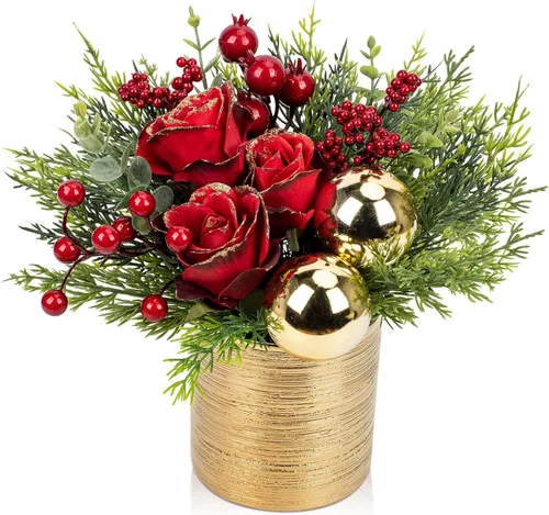 Vista 8 de Mini árbol de Navidad, árbol de Navidad artificial en maceta con manzanas, piñas, bayas, cinta, pequeños arreglos florales navideños de mesa