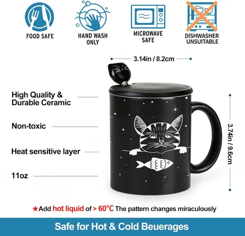 Vista 3 de Tazas únicas para gatos, tazas de café que cambian de color de 11 onzas – The Fish is Delicious – Taza de Halloween con tapa negra y cuchara