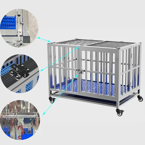 Vista 3 de Jaula plegable de acero inoxidable para perros, 30, 37, 42, 48 pulgadas, rueda con cerradura, con bandeja, apilable, resistente, divisor