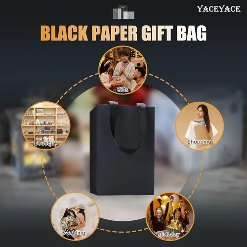 Vista 7 de Bolsas de regalo negras con asas, 10 bolsas de papel kraft de 5.25 x 3.75 x 8 pulgadas para bodas, fiestas, negocios, venta al por menor Negro