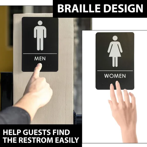 Vista 6 de Hecho en EE.UU. - Letreros de Baños para Hombres y Mujeres Compatibles con ADA, Señales de Puertas de Baño para Oficinas, Negocios y Restaurantes