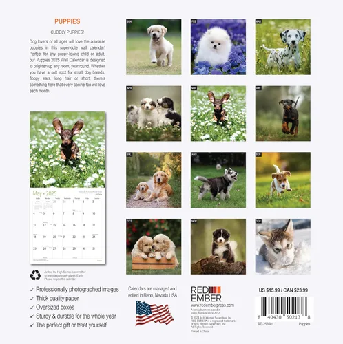 Vista 2 de RED EMBER Calendario de pared 2025 con diseño de cachorros de 12 meses, 12 x 24 pulgadas, abierto, papel grueso y resistente, para regalo