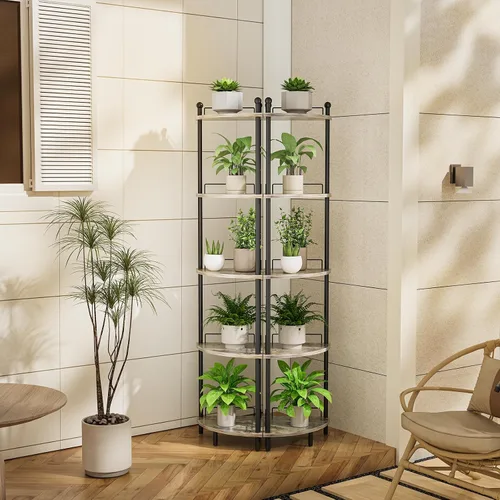 Vista 6 de Estante esquinero de 5 niveles para baño, estante de esquina alto para plantas, estante de exhibición de esquina multiusos, estantes de esquina