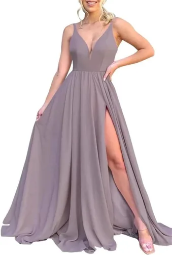 Vista 8 de Vestidos largos de dama de honor para mujer, con abertura, cuello en V, vestido de fiesta formal para boda