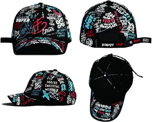Vista 2 de Flipper Diseñador Graffiti Doodle Gorra de béisbol de algodón para hombres y mujeres, sombrero Kpop con borde curvo, ajustable