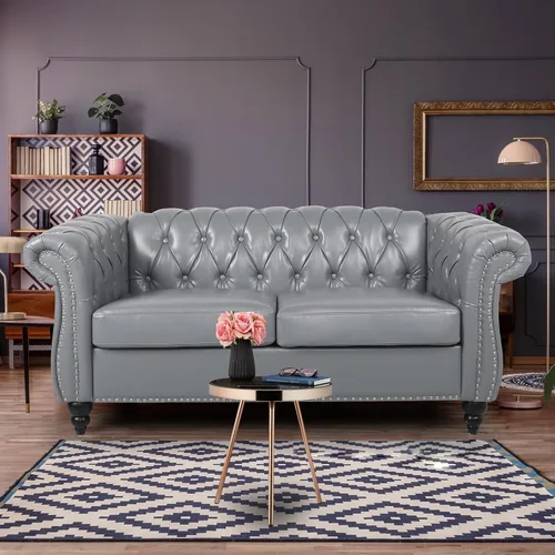 Vista 24 de Sofá moderno de 3 plazas, muebles de sofá grande, con brazo enrollable, sofá Chesterfield clásico copetudo de cuero con respaldo de asiento copetudo