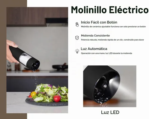 Vista 2 de Juego de molinillo eléctrico recargable de acero inoxidable para sal y pimienta, carga USB con cubierta antipolvo, 6 modos de molienda ajustables +