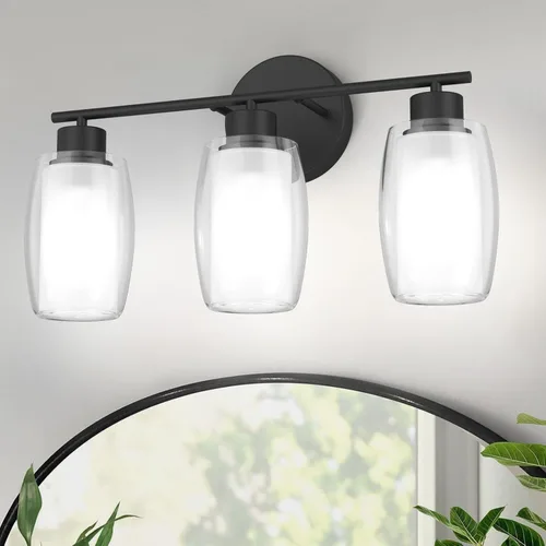 Vista 11 de Aipsun Lámpara de baño con 4 luces, luces cromadas arriba y abajo, modernas luces de bahthroom con vidrio transparente y vidrio esmerilado, luces