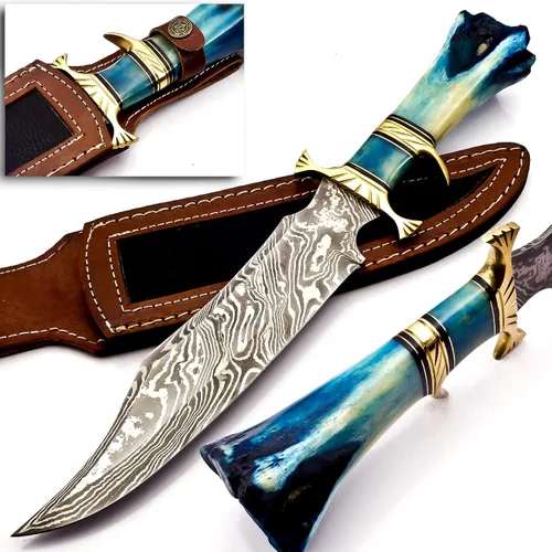 Vista 9 de Noon Knives: Cuchillo Bowie coleccionable de acero de Damasco hecho a mano, mango de hueso de camello (negro)