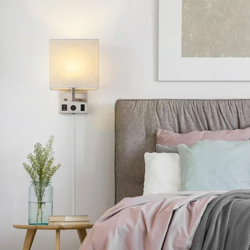 Vista 7 de Juego de dos apliques de pared negros, luces de pared de noche para dormitorio, aplique de pared enchufable con puertos USB y tomas, lámpara