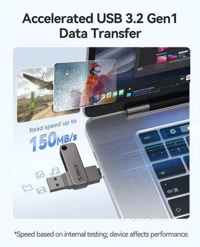 Vista 2 de ORICO Memoria USB 3.0 de alta velocidad USB 3.0 de 32 GB, diseño giratorio de aleación de zinc, compatible con iPhone 15/16/17, Android, Mac, PC