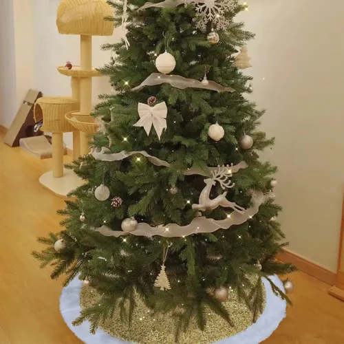 Vista 5 de Falda de árbol de Navidad de 48 pulgadas, lentejuelas doradas brillantes y relucientes con piel sintética, alfombra de árbol de felpa para árbol