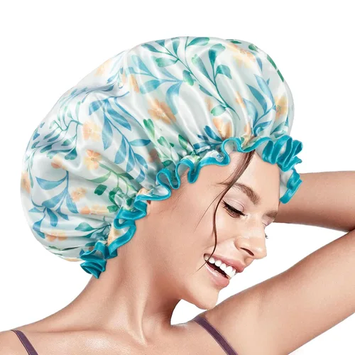 Vista 11 de Aquior Gorro de ducha para mujer, impermeable, reutilizable, con elástico suave, tamaño grande para cabello largo, bonito gorro de baño para ducha