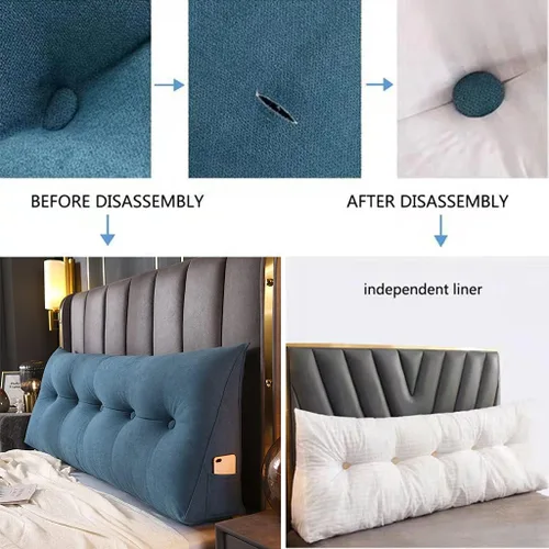 Vista 4 de Almohada triangular grande de cuña de lectura, cojín para cabecero de cama, cojín para cabecero, cojín para cama individual, matrimonial, Queen, Azul