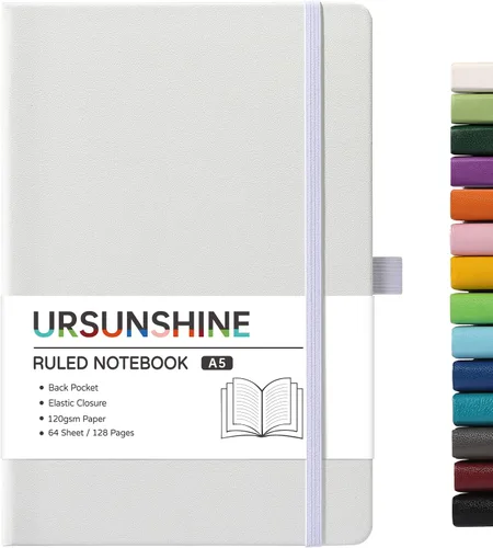 Vista 59 de Cuaderno punteado, diario, 5.3 x 8.26 pulgadas, tapa dura, prémium, papel grueso, doble espiral, bandas, cuero negro sintético, lazo para bolígrafo