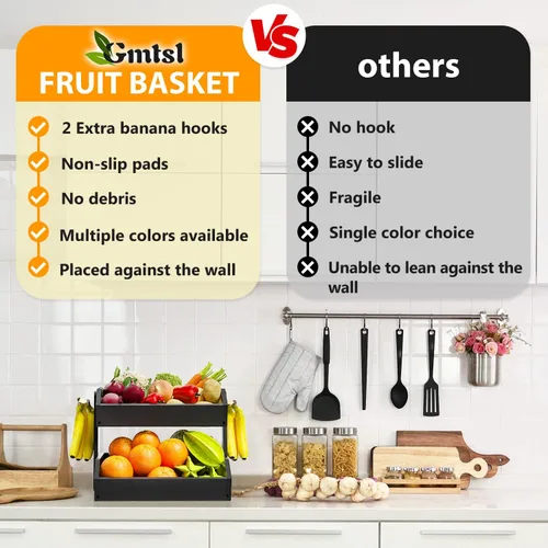 Vista 4 de Gmtsl Cesta de frutas de bambú para cocina, frutero de 2 niveles para encimera de cocina, soporte grande para frutas con 2 ganchos para plátanos