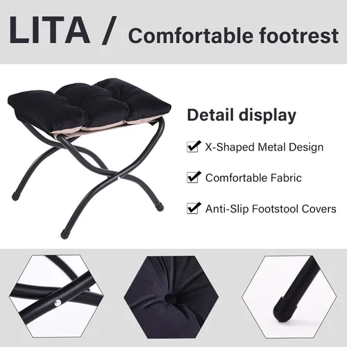 Vista 6 de LITA Taburete reposapiés tapizado plegable, moderno y pequeño otomano portátil con cojín de algodón grueso desmontable acolchado con marco de metal