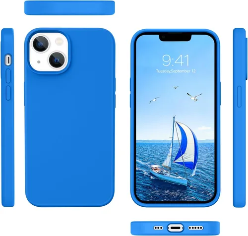 Vista 8 de Telaso Funda para iPhone 14, funda de goma de gel de silicona líquida suave, delgada y fina con forro de microfibra, Azul Klein