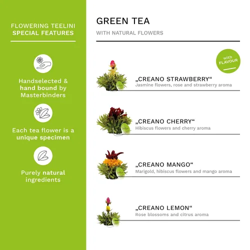 Vista 2 de Creano Flores de Té en Taza - Té Floreciente - 8 Tés Florecientes en 4 Variedades Diferentes - Té Verde