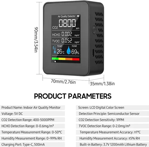 Vista 7 de LANRU Monitor portátil de calidad del aire Detector de CO2 para interiores, 5 en 1, formaldehído HCHO TVOC, probador LCD de temperatura y humedad