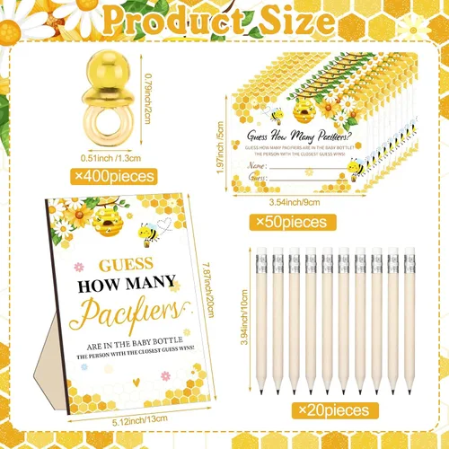 Vista 3 de Syhood 472 piezas de juegos de baby shower de abejas Adivina cuántos chupetes signo de juego 50 pequeños juegos de adivinanzas 20 lápices HB botella