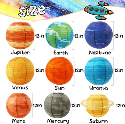 Vista 3 de Faroles de papel de planeta espacial de 12 pulgadas para colgar del sistema solar, decoración de fiesta fuera de este mundo para niños, suministros