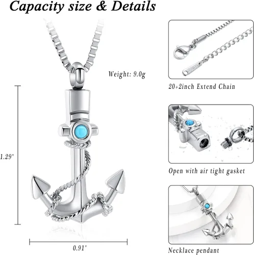 Vista 2 de Joyería de cremación para cenizas, collar de urna de ancla para hombres y mujeres, soporte conmemorativo para cenizas, colgante de urna de recuerdo