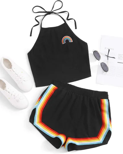 Vista 6 de SweatyRocks Conjunto de 2 piezas para mujer con top corto halter y pantalones cortos
