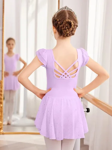 Vista 3 de Arshiner Leotardo de ballet brillante con mangas con volantes y falda con espalda cruzada para niñas
