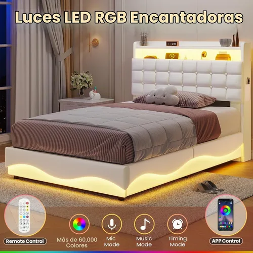 Vista 3 de ADORNEVE Bastidor de cama individual con almacenamiento abatible y luces LED, cabecera con almacenamiento oculto y estación de carga, cama tapizada