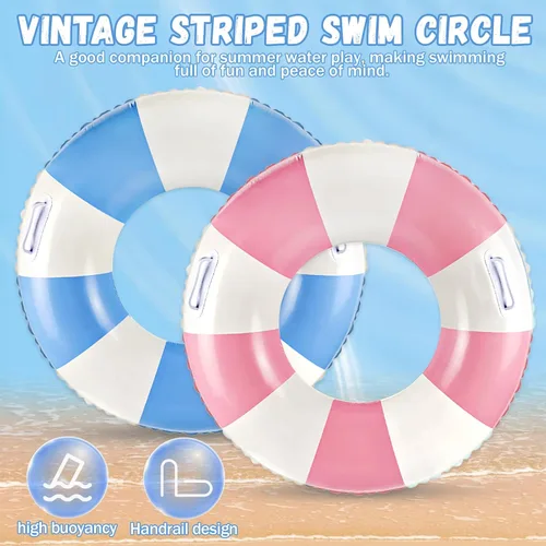 Vista 4 de Flotadores clásicos de piscina a rayas con asa, tubos inflables de rayas azules y blancas para anillos de natación grandes flotantes para adultos