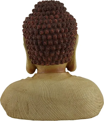 Vista 3 de Zeckos Estatua decorativa de madera tallada de imitación con cabeza de Buda meditadora