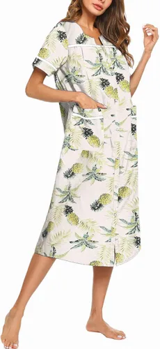 Vista 2 de Ekouaer Camisón de manga corta de algodón con bolsillos para mujer
