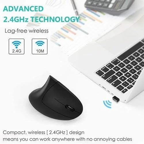 Vista 4 de Ratón ergonómico vertical inalámbrico recargable, mouse vertical óptico USB de 2.4 G con 3 DPI ajustables de 80012001600 niveles, 6 botones