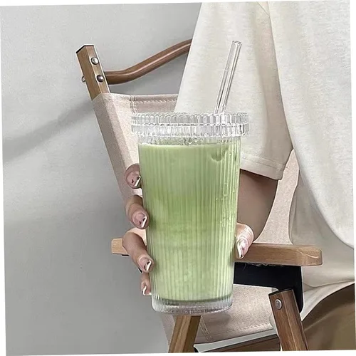 Vista 6 de 2 tazas de vidrio transparente acanalado de 12.7 fl oz con tapas y pajitas, tazas verticales multiusos a rayas para café helado, bebidas, leche