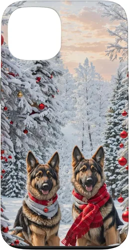 Vista 7 de iPhone 16 Lindo perro pastor alemán en paisaje nevado feliz Navidad caso