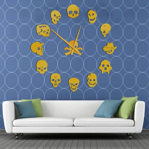 Vista 10 de Gran calavera 3D DIY reloj de pared Frameless Espejo Superficie Etiqueta de pared (negro)